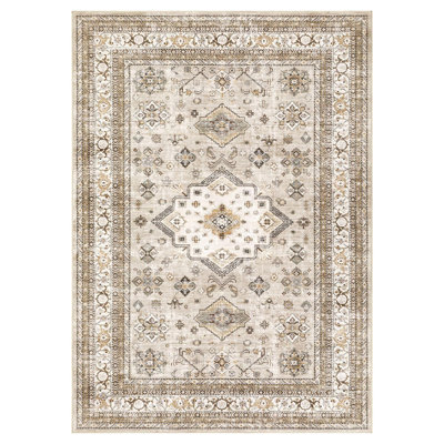 Vintage Living Room Area Rug 5X7 - Large Soft Washable Oriental Traditional Distressed Farmhouse Rugs For Bedroom - Indoor Floor Accent Carpet For Home Office House Decor - Beige