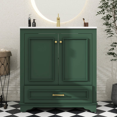 Meuble-lavabo de 30 pouces avec lavabo avec accents dorés, tiroir inférieur, portes à fermeture en douceur