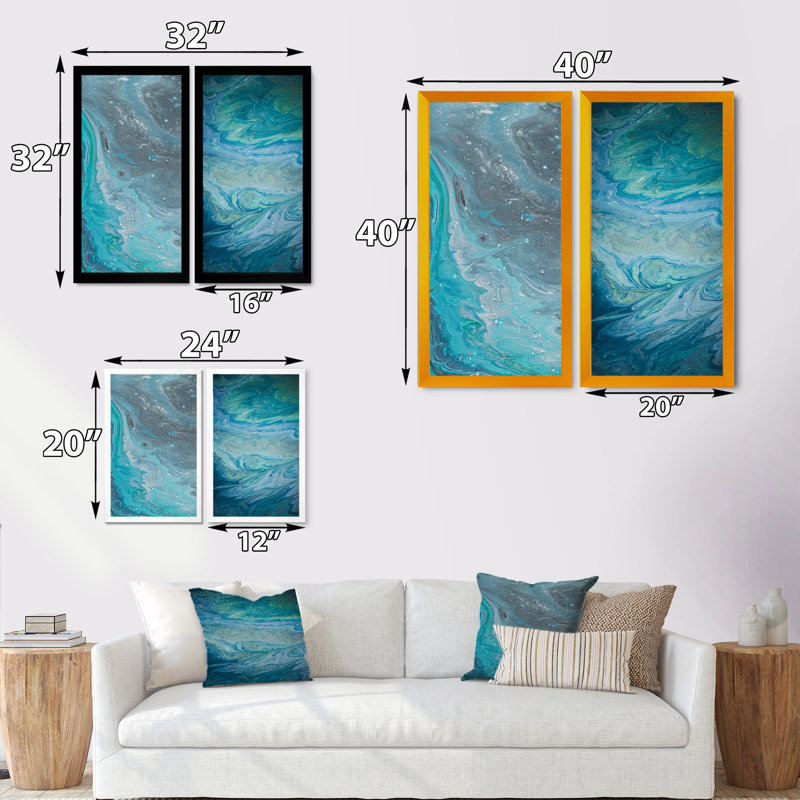 Shades of Blue Abstract Brushes III - Ensemble de 2 peintures sur toiles, H 20 po x l 24 po x P 1 po, Cadre photo noir