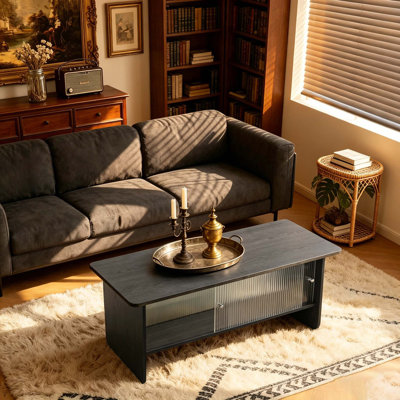 Table basse rectangulaire moderne minimaliste de 47 po avec porte coulissante en verre, idéale pour le salon, la chambre à coucher, le bureau, facile à assembler, noir