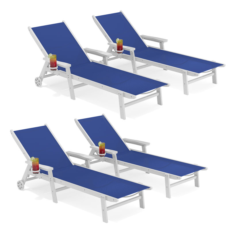Chaise longue inclinable d'extérieur en textile PEHD (lot de 4), Blue, 4