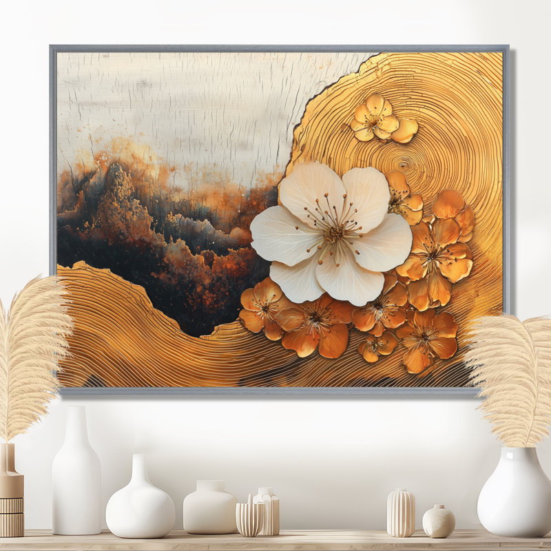 Fleur de pommier de Coggeshall dans une rivière à encre jaune - Art mural fleur de pommier, H 16 po x l 32 po, Cadre flottant