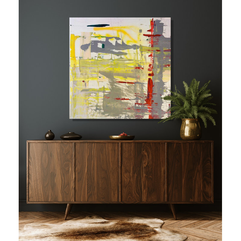 Rouge, jaune, gris abstrait - reproduction d'artiste sur toile, H 20 po x l 20 po x P 1 po, Toile tendue