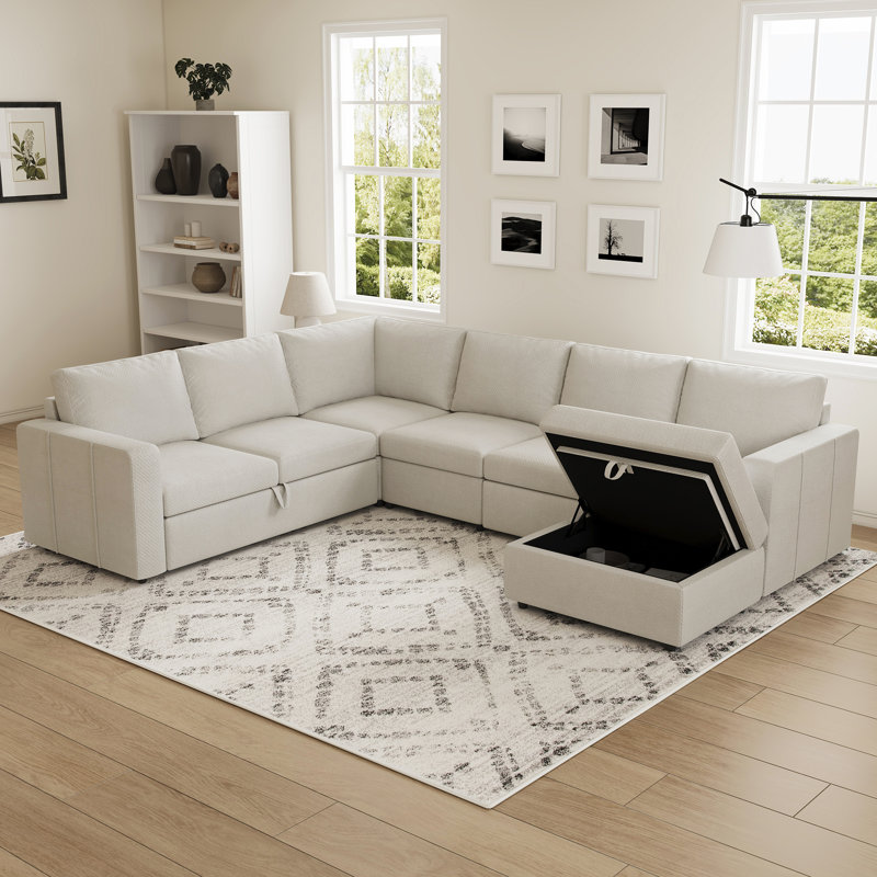 U Shaped Sofa Set Large Pullout Sofa Bed Modular Sectional Couch With Storage Ottoman, Beige Chenille