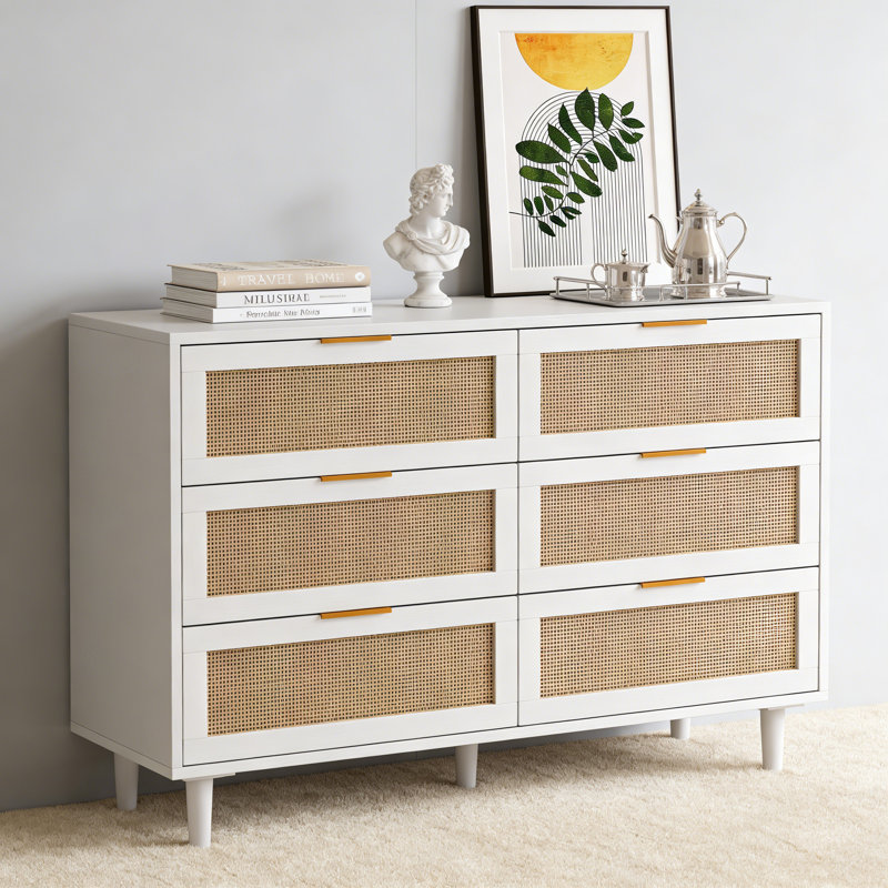6-Drawer Rattan Dresser, Modern Wood Storage Chest With Deep Drawers For Bedroom Or Living Room