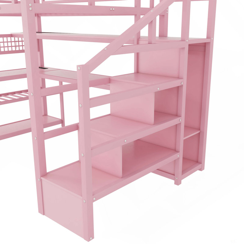 Lit mezzanine double avec escalier et garde-robe, lit mezzanine en métal avec bureau, tablettes de rangement, lumières DEL et station de charge