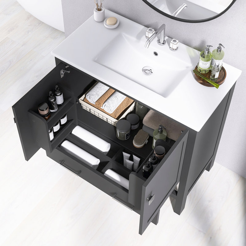 36 Inch. Black Bathroom Vanity With Ceramic  Sink   | Double Storage Shelves & Divided Drawer | Soft-Close Doors | Bathroom Cabinet With Ample Storage  | Solid Wood Frame