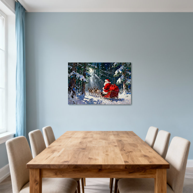 Père Noël à bord d'un traîneau dans la forêt enneigée