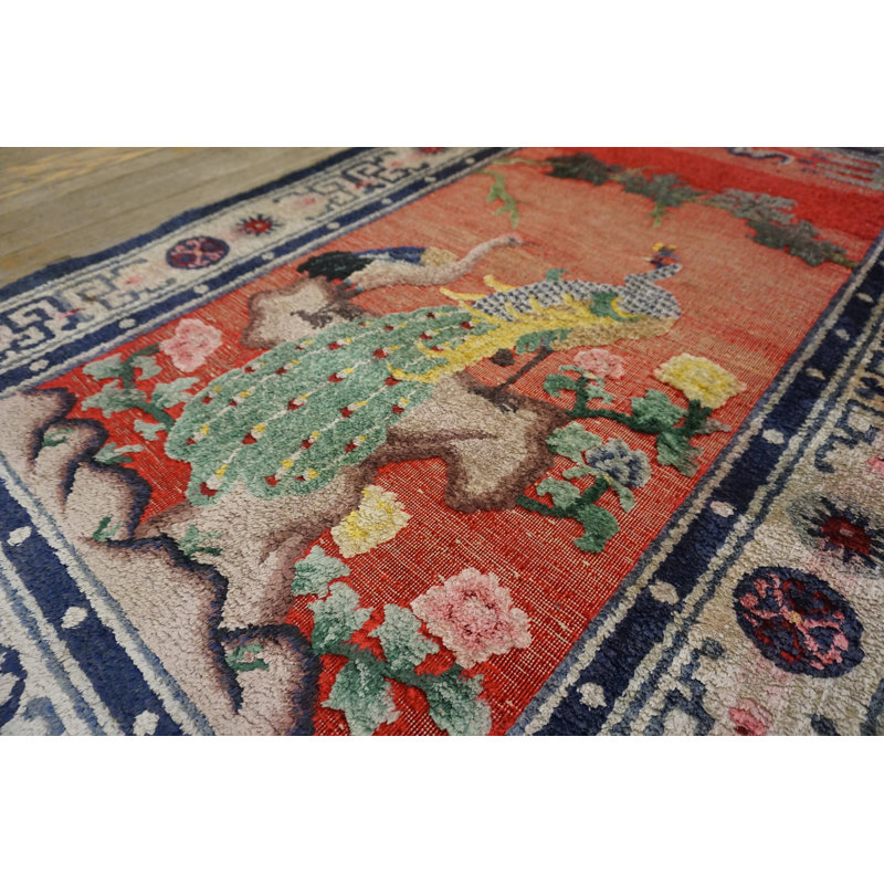 Petit tapis en soie à motif paon antique et grue chinoise