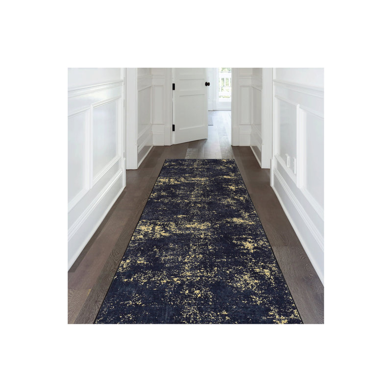Black Washable Rug 2'6'' X 10' Runner Rug (2'6'' X 10'), Runner 2'6" x 10', Black/Gold