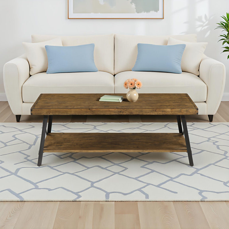 Laguna Solid Pine Coffee Table with Open Storage Shelf and Dark Metal X-Frame, Natural Pine Brown