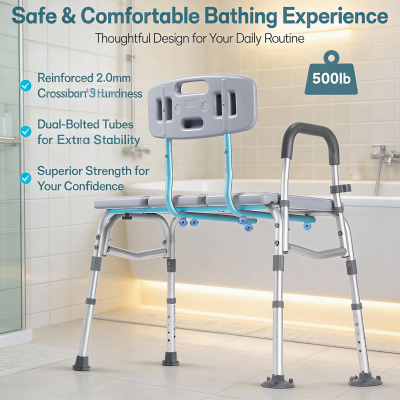 Height Adjustable Bathtub Transfer Bench With Backrest 500Lb Capacity Shower Chair