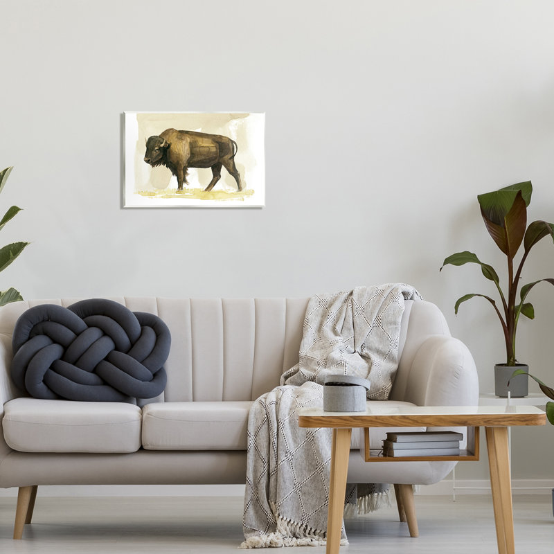 Bison, animal de campagne, aquarelle, H 13 po x l 19 po x P 0,5 po, Bois
