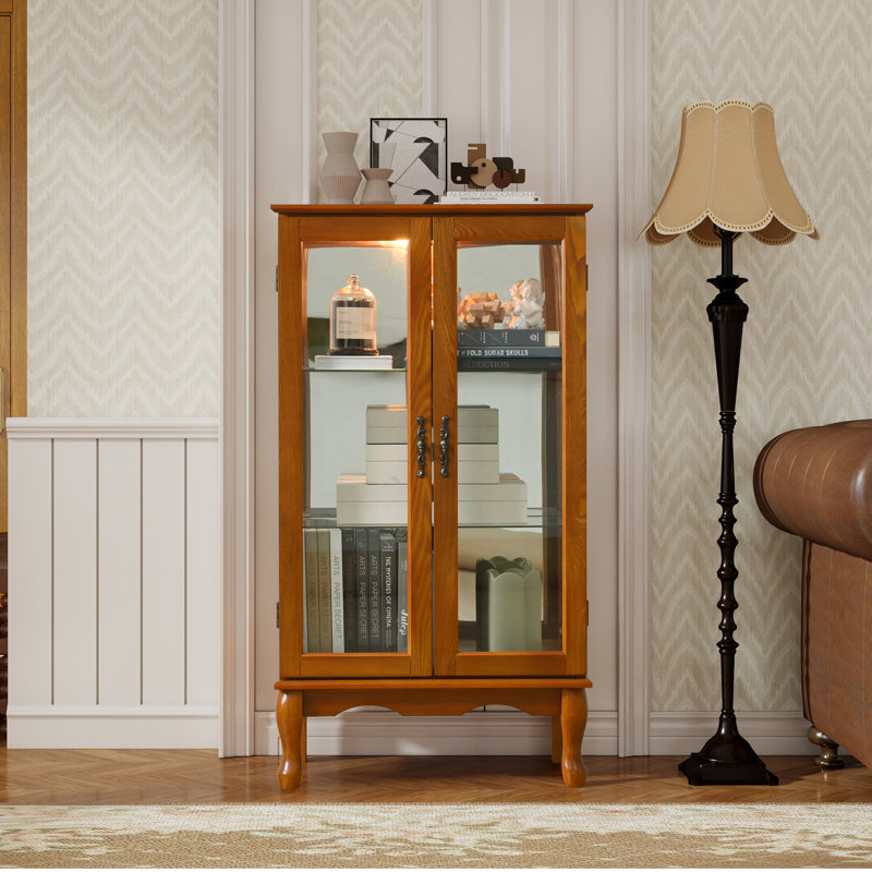 Curio Cabinet Lighted Curio Display Cabinet with Adjustable Shelves and Mirrored Back Panel, Tempered Glass Doors (3 Tier), (E26 light bulb not included)