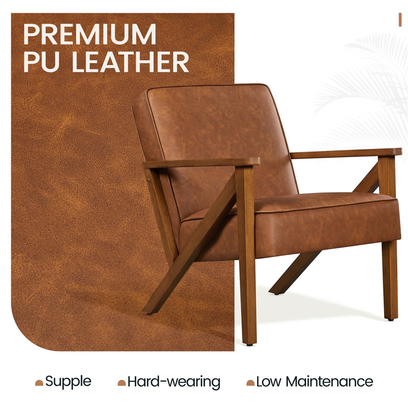 Baseemah Faux Leather Armchair Lounge Chair With Z-Shaped Wood Legs, Light Brown Faux Leather