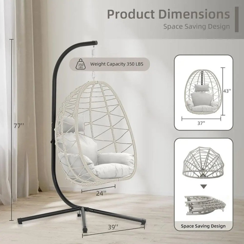 Fauteuil suspendu suspendu en osier résistant aux UV en forme d'œuf avec coussin amovible et support en acier, pour intérieur et extérieur.