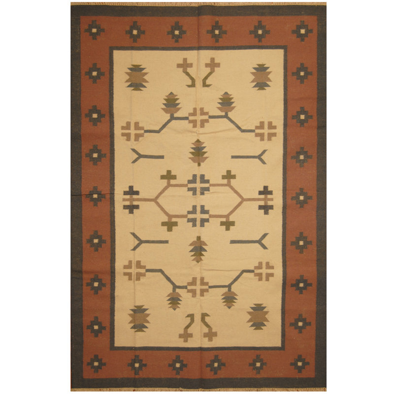 Tapis de zone en laine brun/beige/noir 6 pi x 9 pi one-of-kind à la main noué la Bainville