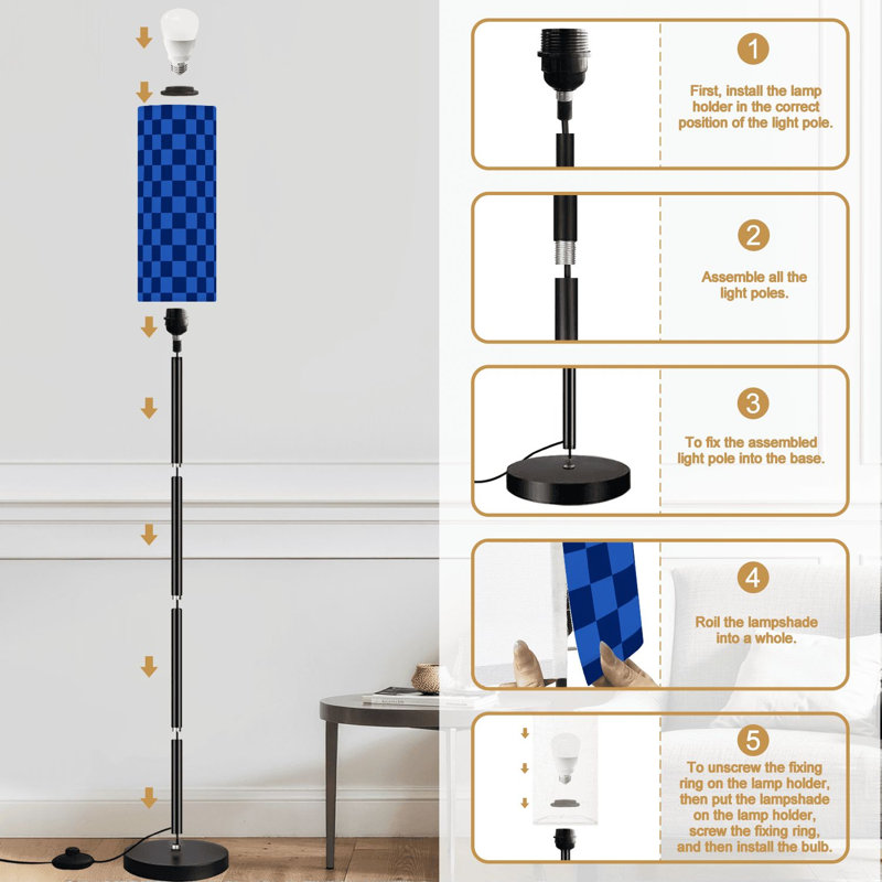 Lampe sur pied à carreaux noirs et noirs à intensité variable avec télécommande et interrupteur au pied à pied avec abat-jour et lampe de coin