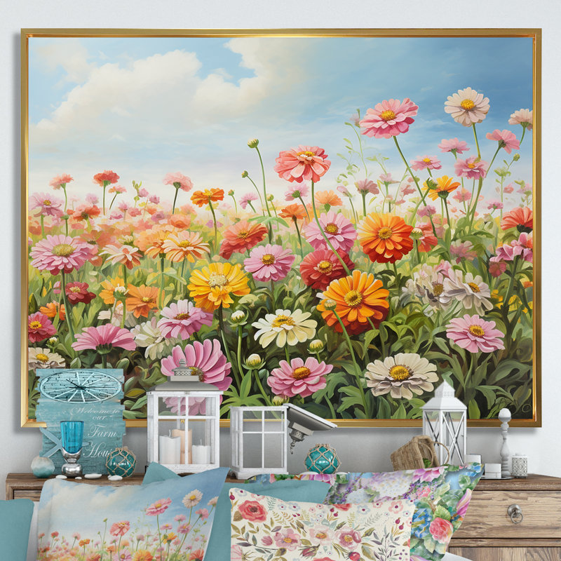 Zinnias Country Charm I sur impression sur toile, Cadre flottant doré, H 12 po x l 20 po x P 1 po