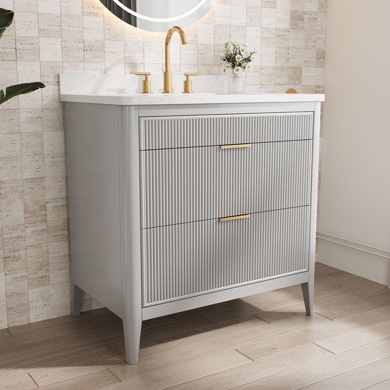 Meuble-lavabo autoportant avec comptoir en marbre artificiel et lavabo, Gris, 36"