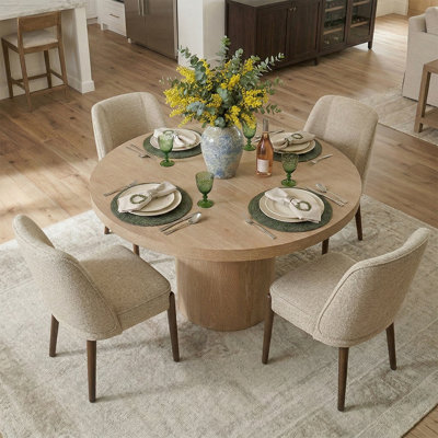 4 - Person Dining Table Sets With Solid Wood Round Table & 4 Fabric Upholstered Chairs
