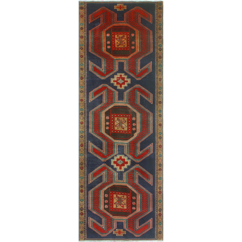 One-of-a-Kind 3'7" x 10'4" New Age Runner Wool Area Rug in Navy and Red