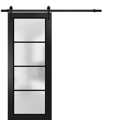Sturdy Barn Door Frosted Tempered Glass | Planum 2132 | 6.6FT Black Rail Hangers Heavy Hardware Set | Modern Solid Panel Interior Doors-Black Rail