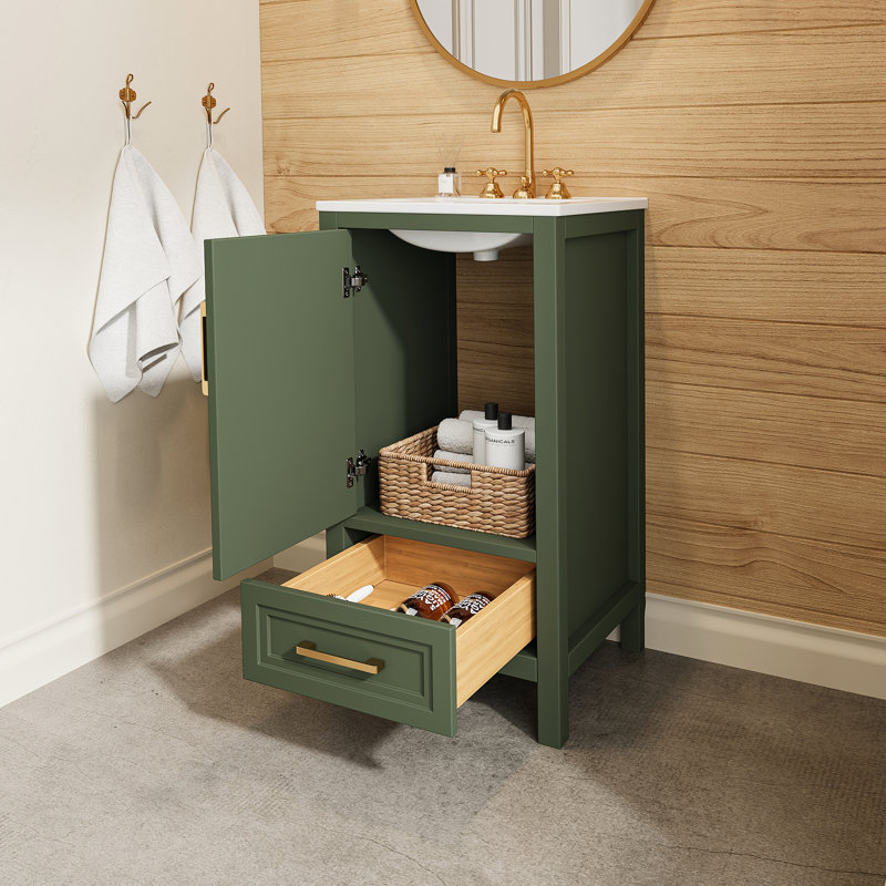 Ensemble de meuble-lavabo simple autoportant de 18 po avec plateau en céramique blanche et cadre en bois massif avec poignées libres entièrement assemblées
