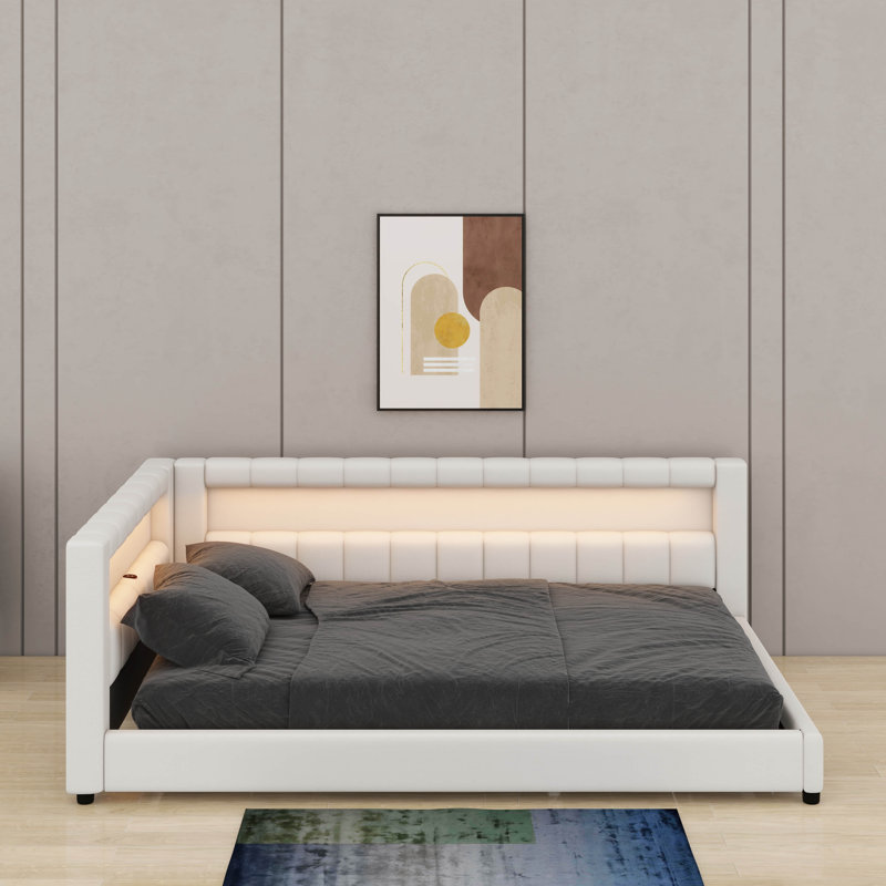 Upholstered Daybed With Storage Headboard, Charging Station & LED Belt, L-Shaped Corner Bed, Full XL, White