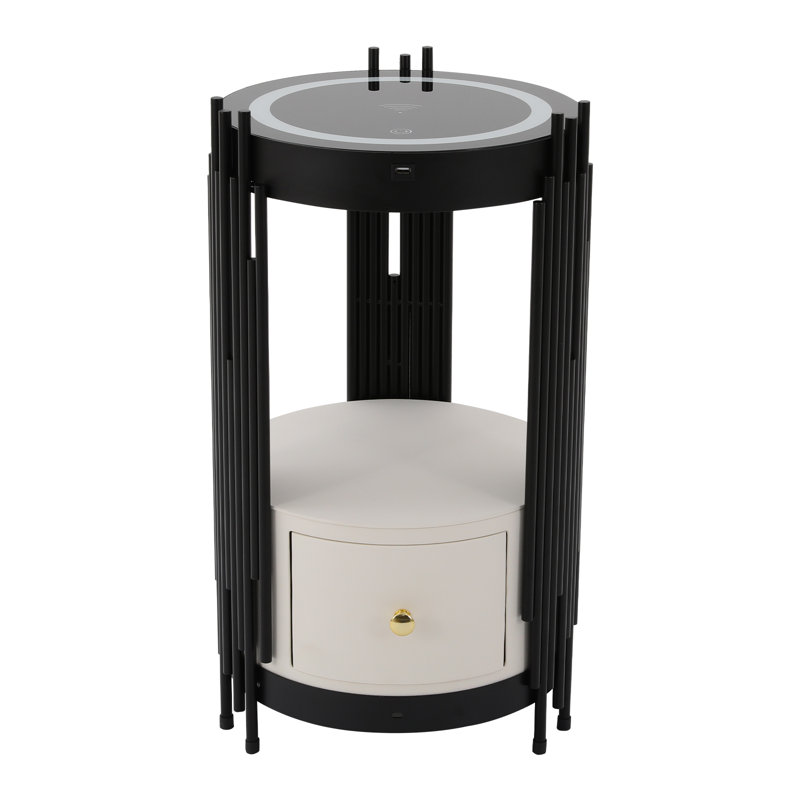 Led Smart Round Nightstand With Wireless Charging Station 13.78*25.59 In((D*H), Black/White