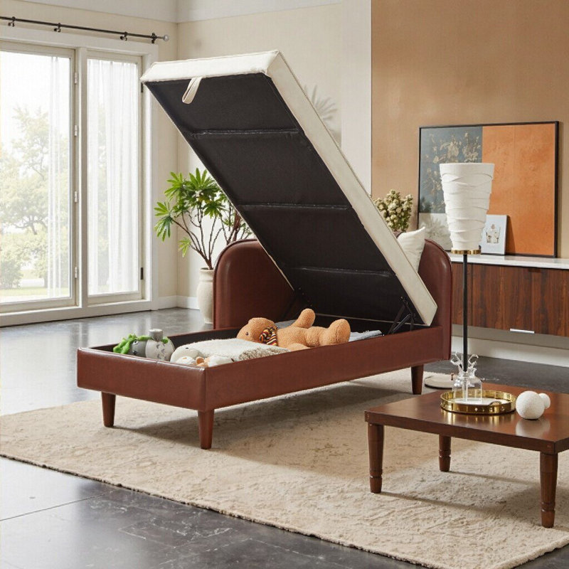 Canapé de rangement de 65 pouces avec coussin en mousse et structure en bois, Brun / beige