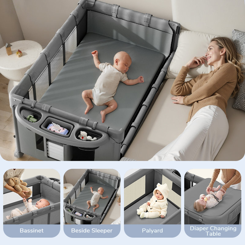 Baby Bassinet Bedside, 5 In 1 Baby Playard,  Bedside Sleeper Baby Crib, With Removable Changing Station & Storage Organizer