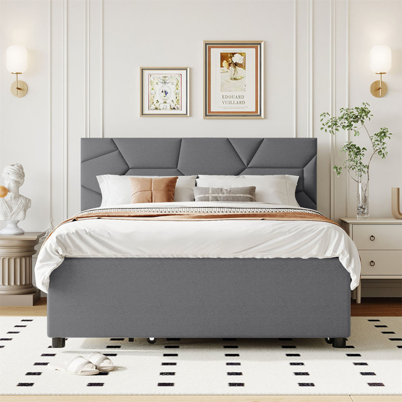 Embra Upholstered Platform Bed, Gray, Queen