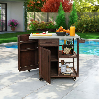 Outdoor Kitchen Island Kitchen Cart with Towel Rack, Drawer and Lockable Casters