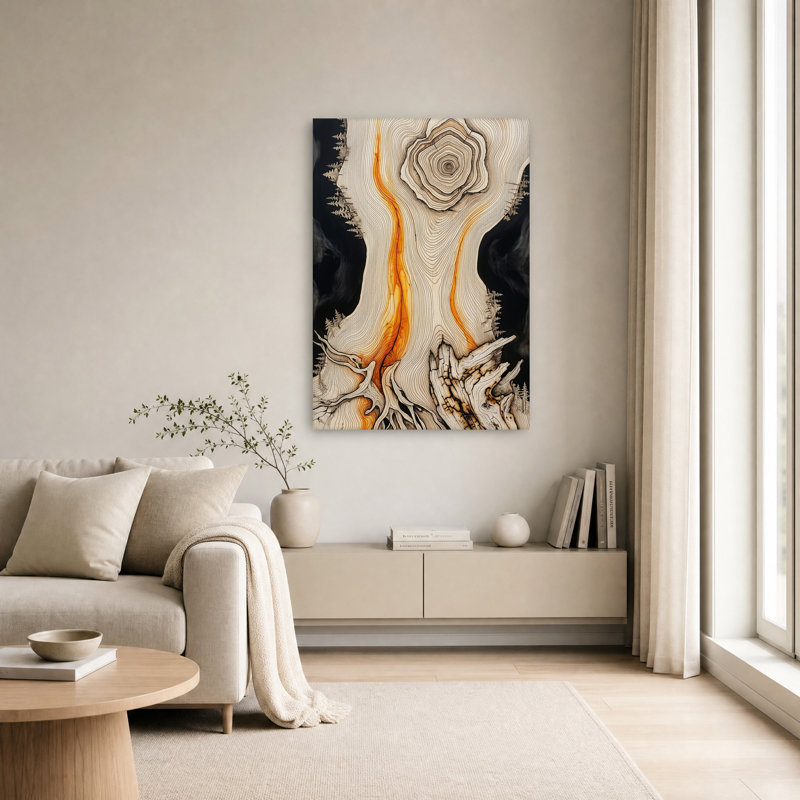 Tableau sur toile représentant un tronc d'arbre vertical aux stries oranges, H 18 po x l 12 po