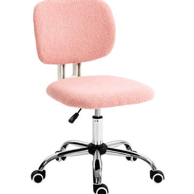 Mignon fauteuil de bureau rose sans accoudoirs, hauteur réglable, roues pivotantes, dossier moyen, tissu molletonné moelleux pour une expérience de travail relaxante