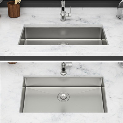 Single Bowl - Compliant Kitchen Sink, 27 Inch Undermount, 16 Gauge T304 Stainless Steel Handmade Basin, 5.5 Low Depth, Sloped Drainage System, Splash Rim, Coating On Sink Exterior, Pad, Comes With
