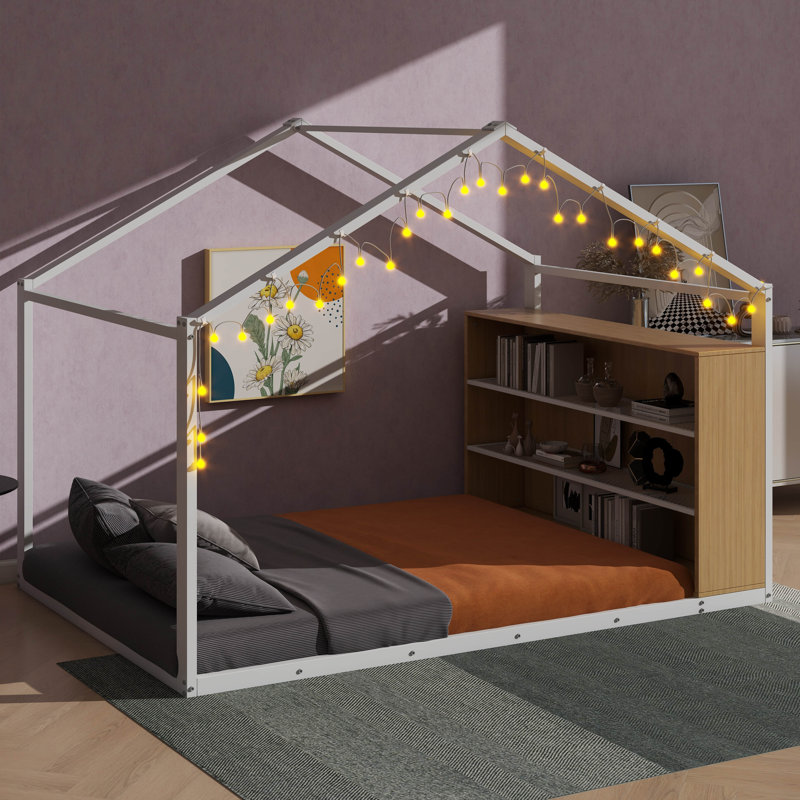 Éclairage intégré en métal en forme de structure de lit, Lit double , Blanc
