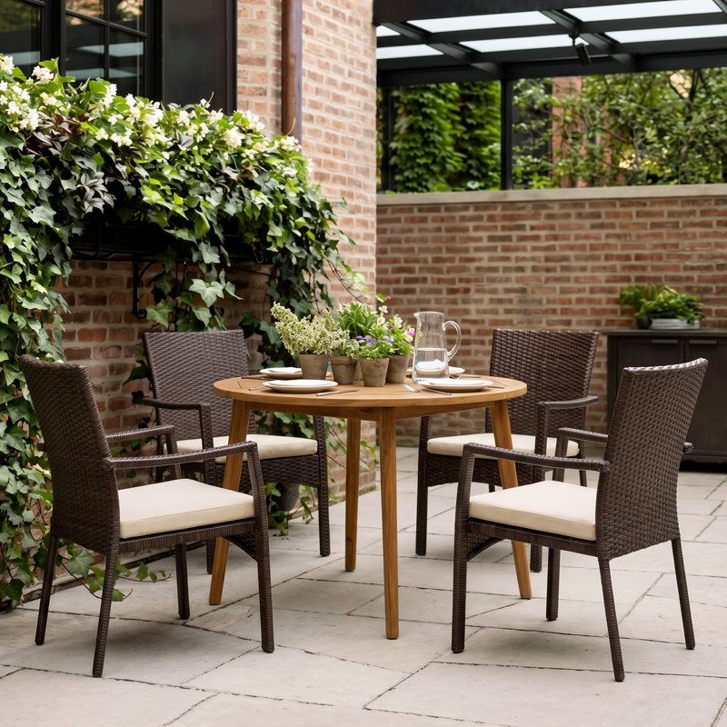 Ensemble repas d'extérieur avec coussins 5 pièces Amethyst, Teck / Cadre brun / Coussin crème