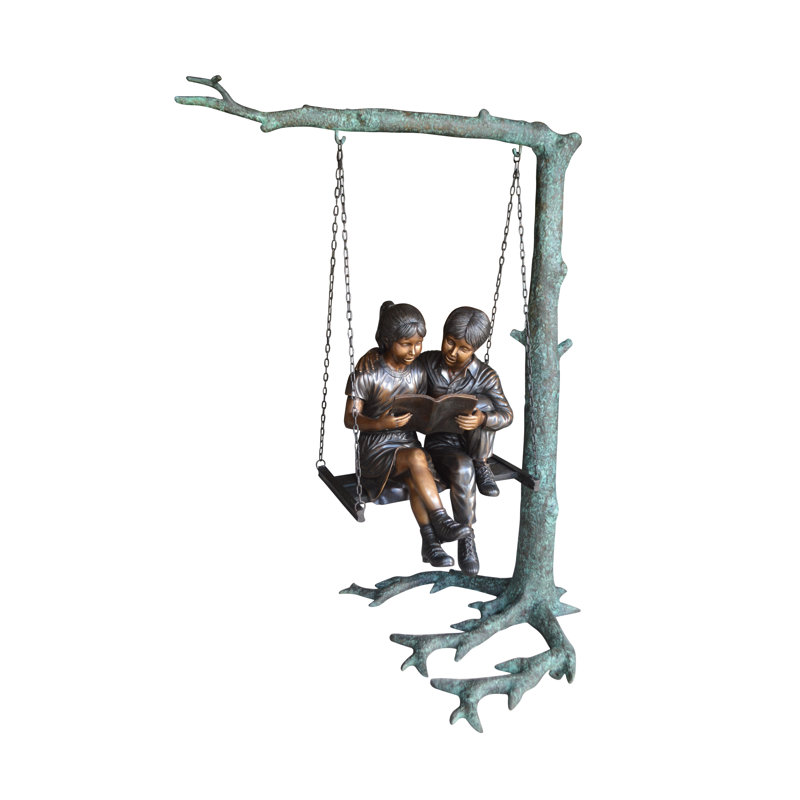 Statue en bronze pour enfants sur balançoire NIFao - sculpture en bronze fabriquée à la main avec détails joyeux pour les jardins, les pelouses ou les espaces extérieurs ludiques - L 50 po x l 40 po x H 70 po