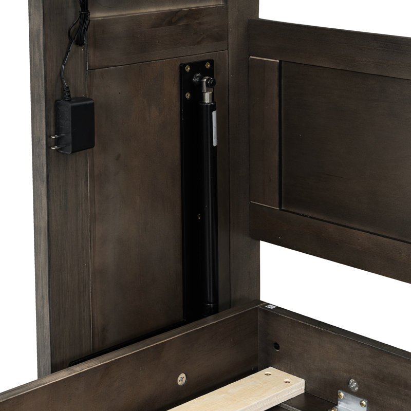 Lit simple brun avec armoire murale pliable à DEL pour espaces d'étude, structure en bois et système hydraulique de taille cachée à 7 couleurs, gymnases à domicile, support à lattes