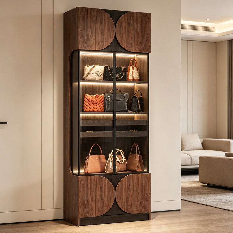 Vitrine vitrée en bois massif de forme arquée de 80 cm (31,5 po) avec bandes lumineuses DEL et rangement en verre trempé