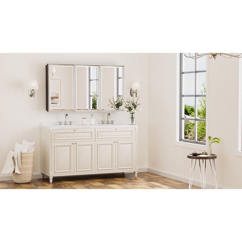 Chouchanik Recessed and Surface Framed 3 Door Medicine Cabinet with Mirror and Shelves, 30" H x 48" W x 5.2" D, Nickel