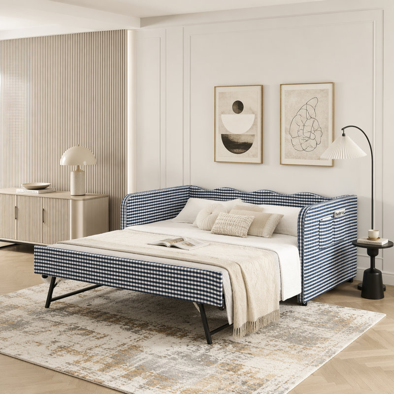 Lit de jour simple en vichy convertible 3 en 1 avec couchette et poches de rangement, Dark Blue