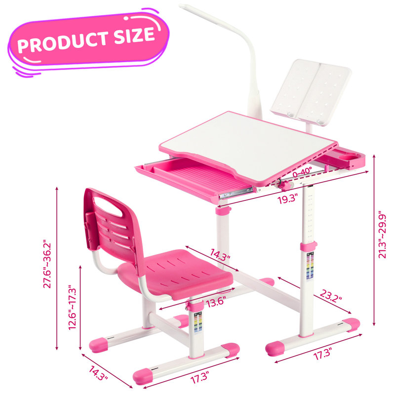 Pink Adjustable Height Kids Desk and Chair Set with Storage Drawer
