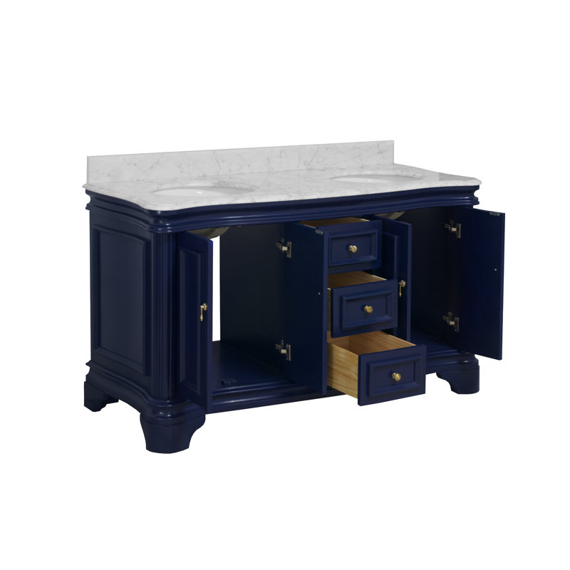 Ensemble de meuble-lavabo double 60 po avec armoire bleu royal et comptoir en marbre de Carrare Katherine, Marbre de Carrare