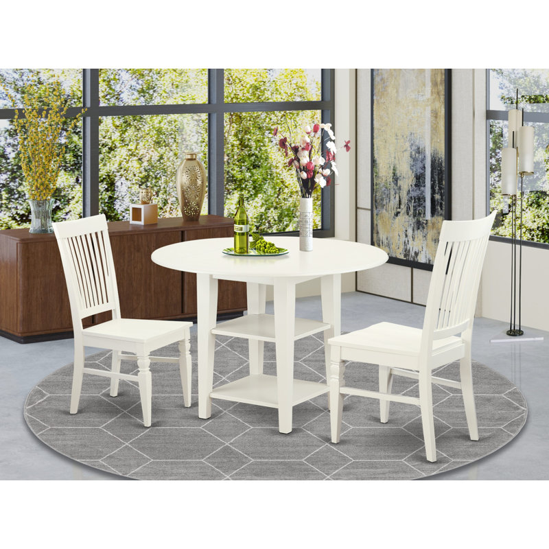3 Piece Modern Dining Table Set Contains a Round Wooden Table with Dropleaf & Shelves and 2 Dining Room Chairs, Linen White