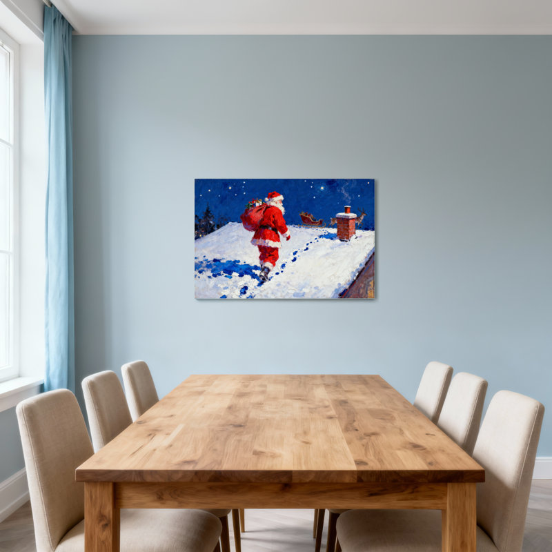 Noël père Noël marchant sur un toit enneigé la nuit, H 12 po x l 18 po