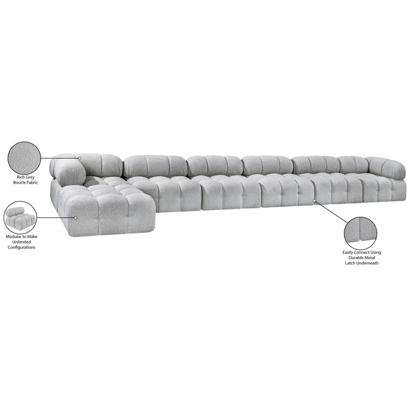 Canapé Ames, Tissu gris bouclé, 4 sans accoudoirs, 2 en coin, 1 repose-pieds