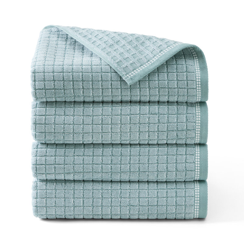 TOWN & COUNTRY EVERYDAY 4-Piece Textured Windowpane Bath Towel Set, 30x58-Inch, 100% Cotton, Aqua Blue